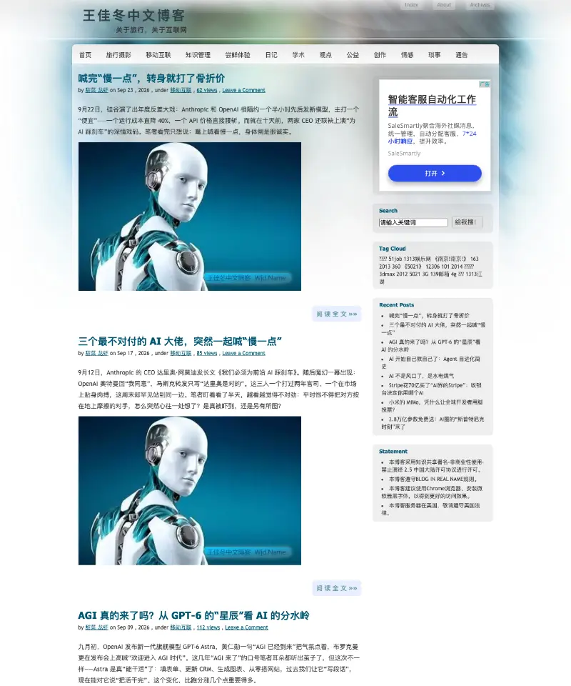 王佳冬中文博客 首页截图