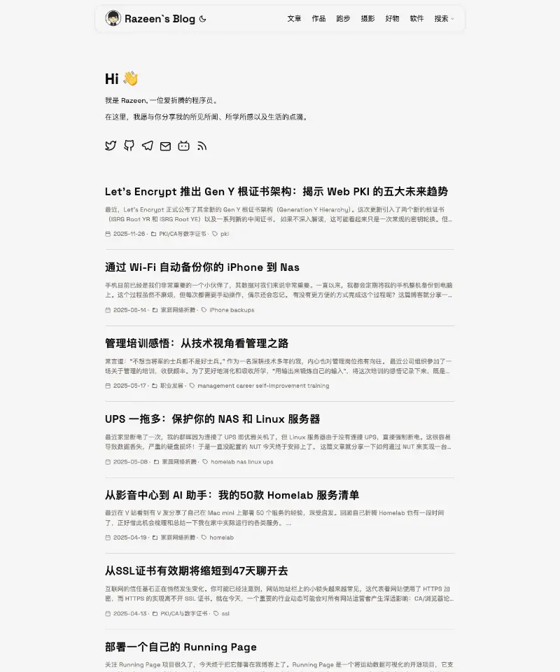 Razeen's Blog 首页截图